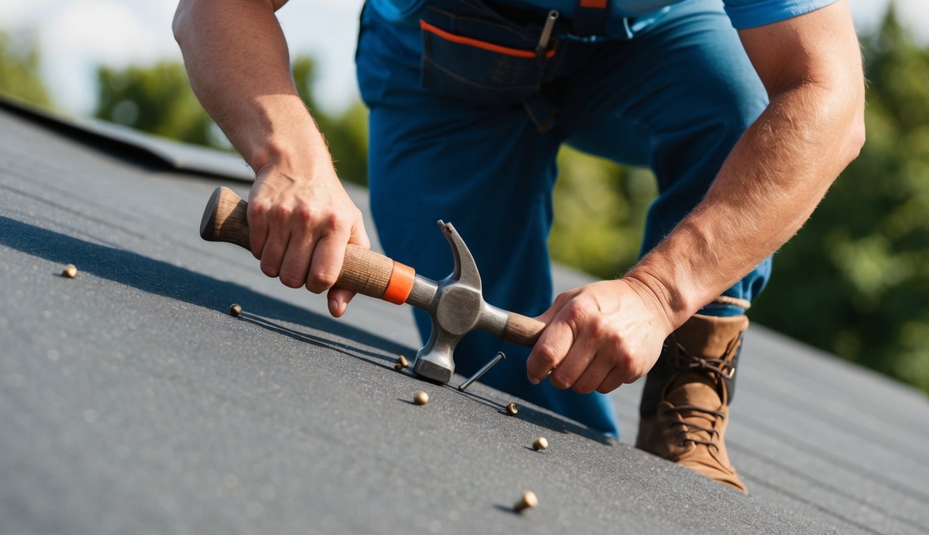 Startseite 10 Dachpappe verlegen - Arbeiter nagelt Dachpappe